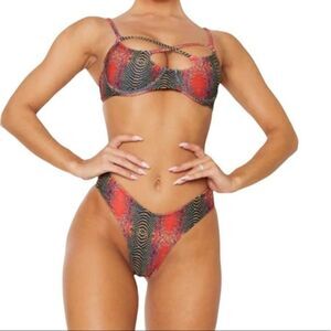 Pretty Little Thing Women's Orange Snakeskin Bikini Set Size 10